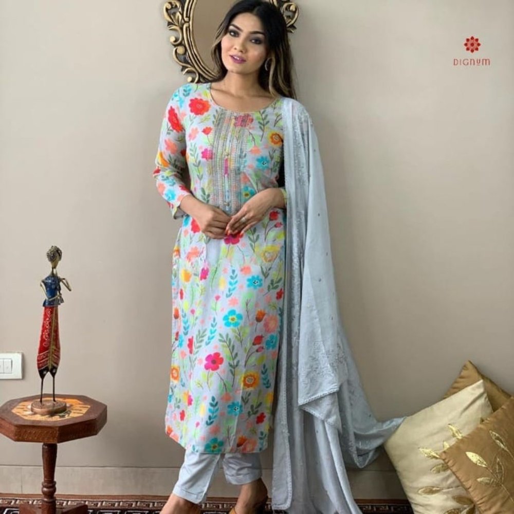 Women Sky Blue Floral Print Rayon Suit Set - Picture 3 of 6